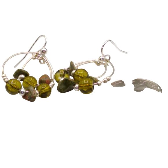Concentric Ovals Hoop Earrings in Silver Tone and Green with Unakite Jasper Ston - Picture 4 of 4